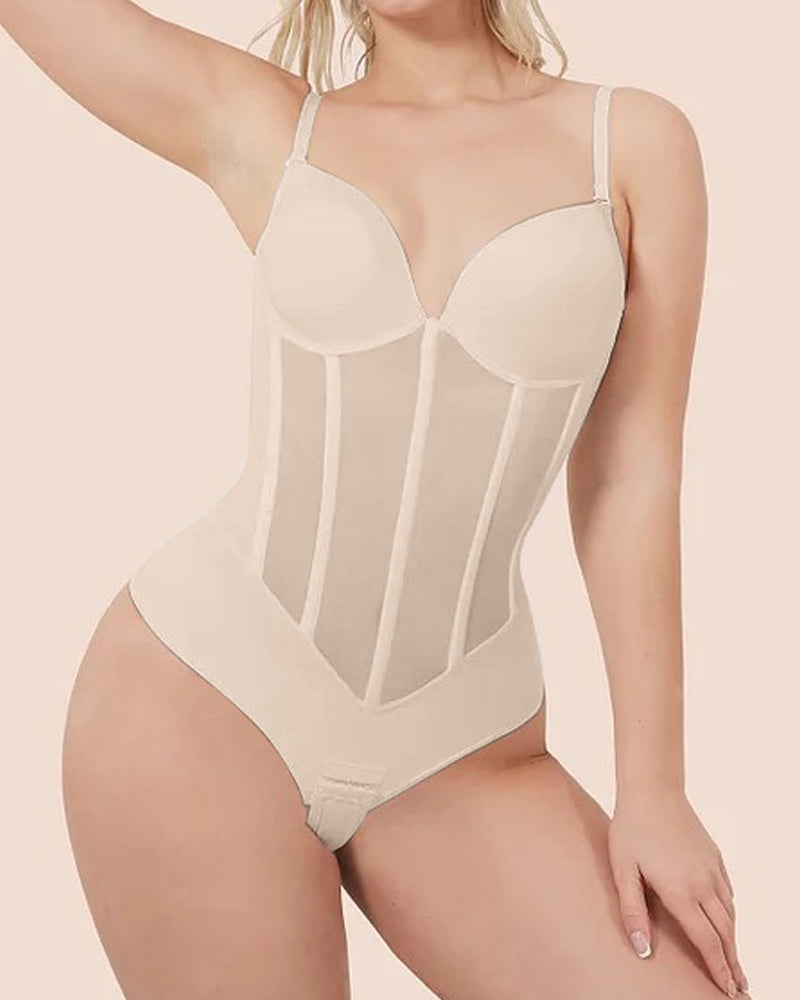 Shapshe® Damen Bauchweg Tanga Durchsichtiges Mesh Korsett-Oberteil Rückenfreier Bodysuits