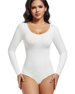 Nahtloser Rundhalsausschnitt Langarm Korsett Bodysuit Tops Stretch Dreieck Body