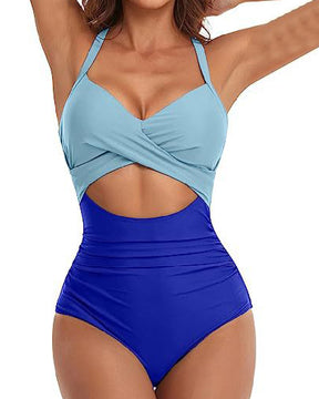 Einteilige Cutout Badeanzug Bauchweg Hoher Taille Bindeband Hinten Bademode