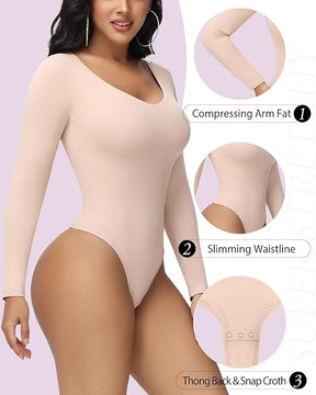 Damen Langen Ärmeln Nahtlos Bodysuit V-Ausschnitt Bauchweg Tanga Shapewear