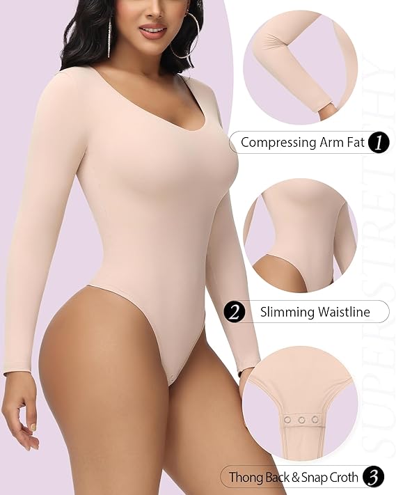 Damen Langen Ärmeln Nahtlos Bodysuit V-Ausschnitt Bauchweg Tanga Shapewear