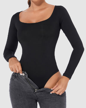 Damen Nahtlose Quadratischem Ausschnitt Langen Ärmeln Formende Tanga Unterhemd Bodysuits