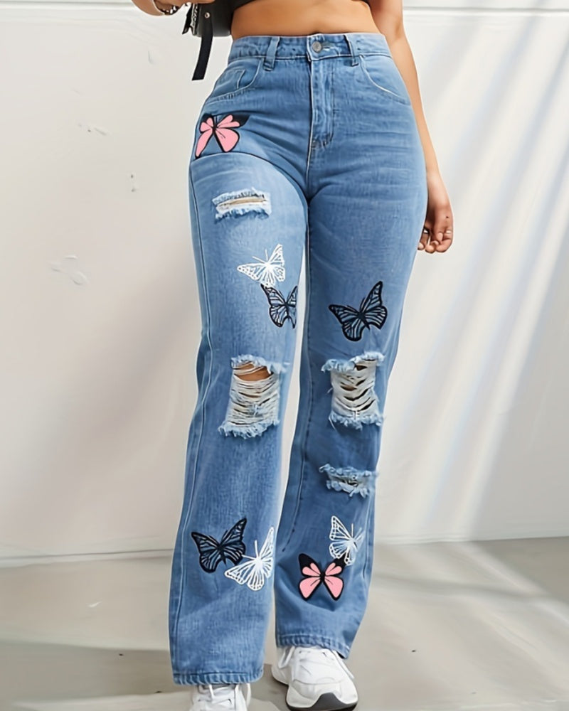 Zerrissene Jeans mit Geradem Bein und Hoher Taille in Kontrastfarbe und Schmetterlings-Print