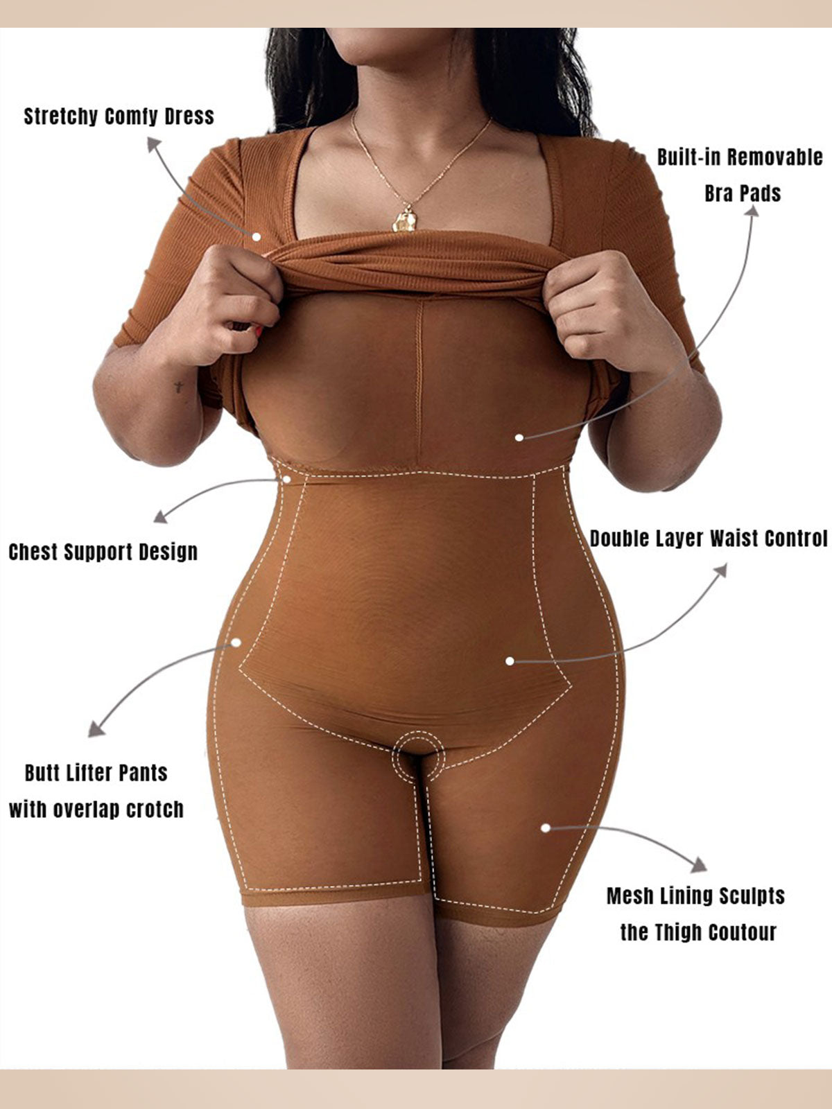 Integriertem Shapewear Kurzarm Quadrat-Ausschnitt Schmal Midi Kleid