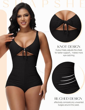 Damen Bauchweg Badeanzug Cut-Out Knoten Vorne Push Up Eingebauter Shapewear Badeanzug