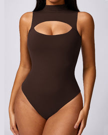 Hochkragen Hohlbrust Tanga Druckknopf Schritt Ärmelloses Glattes Bodysuit Shapewear