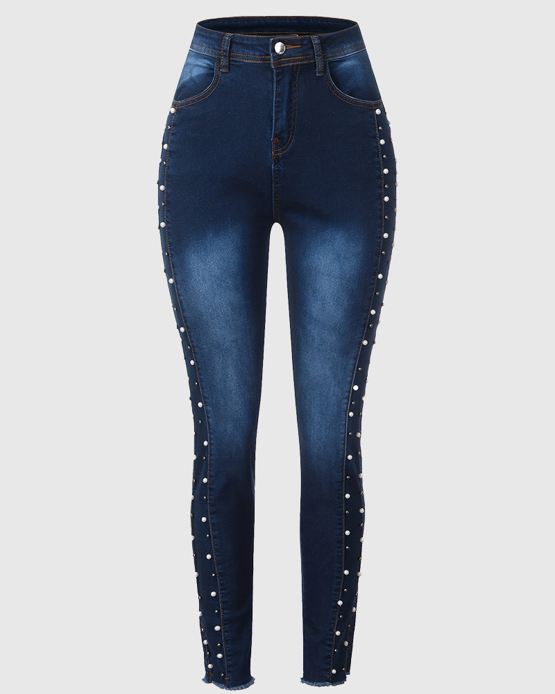 Hoch Taillierte mit Diamanten Besetzte Perlenbesetzte Hip Lift-Jeans mit Hoher Elastizität