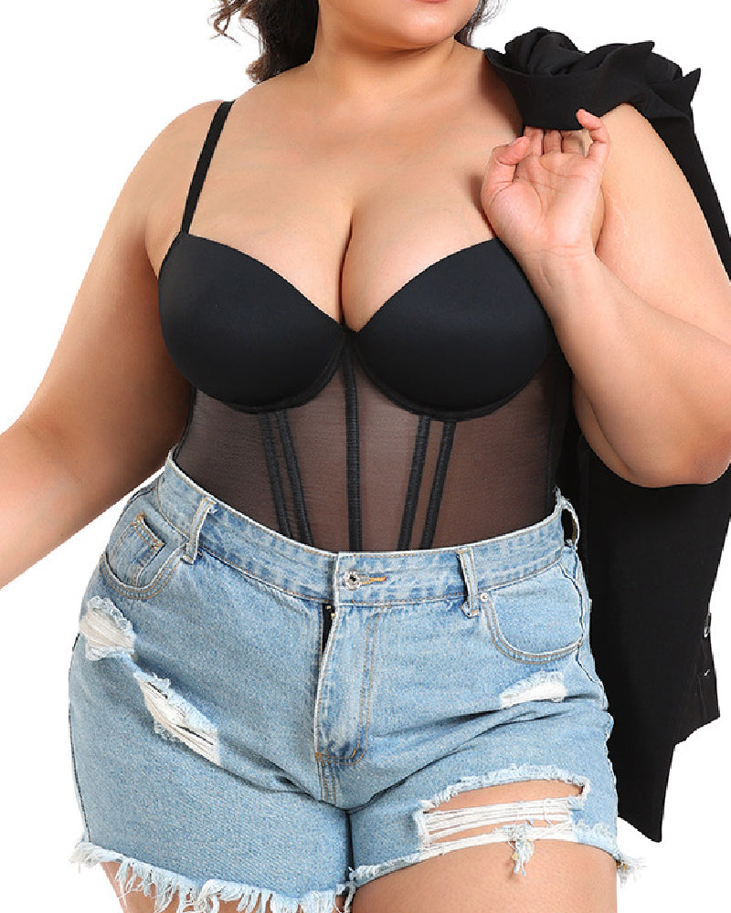 Damen Sexy Mesh Korsett Top Überbrust Bügel Stäbchen Push Up Bustier