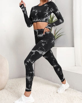 Nahtloser Figurbetonter Yoga-Anzug mit Batikmuster und Langen Ärmeln Hoher Taille und Bauchkontrolle