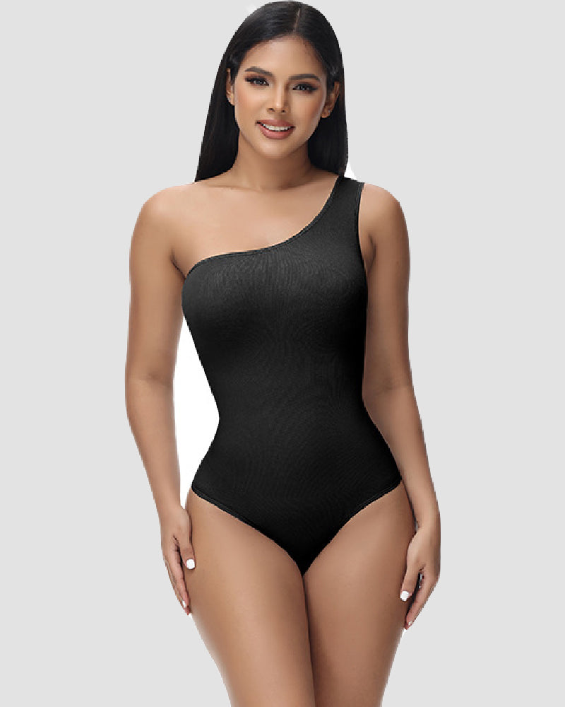 Sexy Geripptes Ein-Schulter Ärmelloses Tanktop Enger Stretch Bodysuit