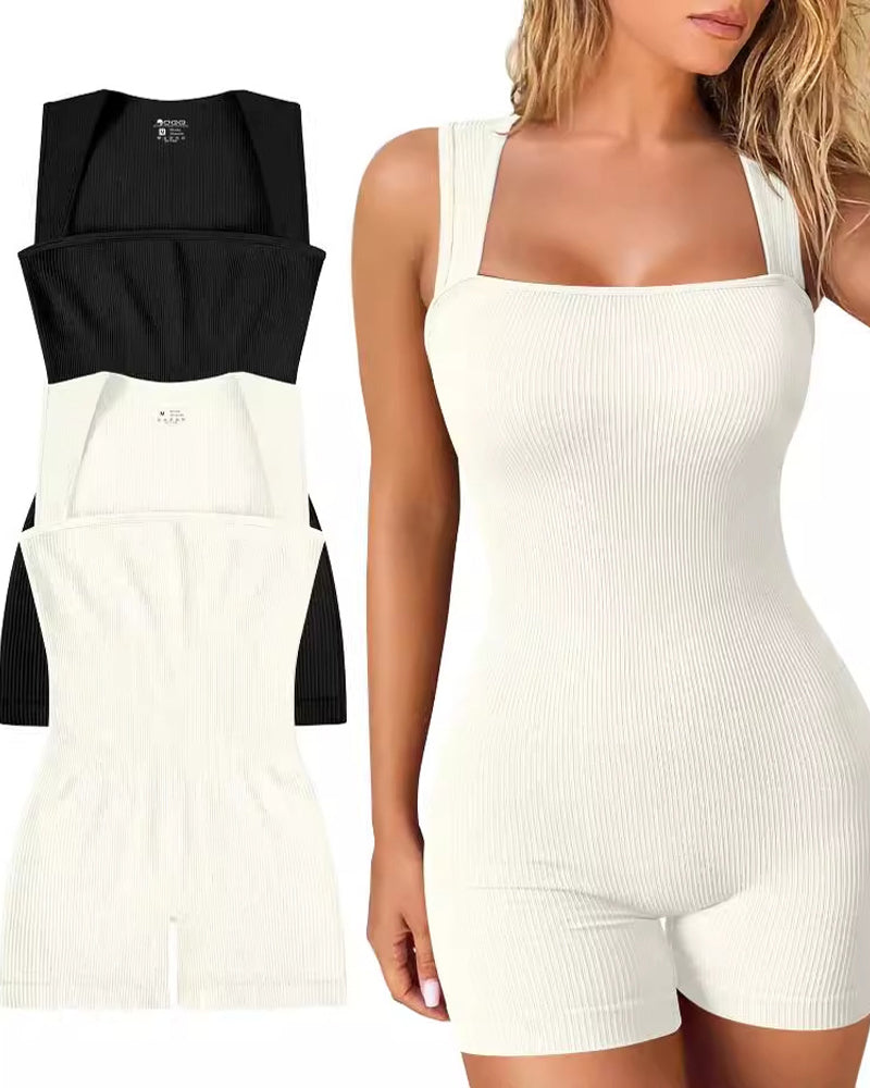 Gerippter Ärmelloser Yoga Rompers Tanktop Eckigem Ausschnitt Jumpsuit