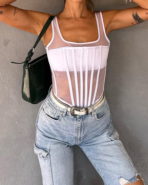 Sexy Mesh Stäbchen Korsett Weste Schnürung Rücken Bustier Cropped Top