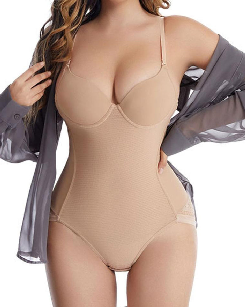 Damen Transparentem Mesh Tiefem U-Rücken Bodysuit Shapewear Mit Integriertem BH