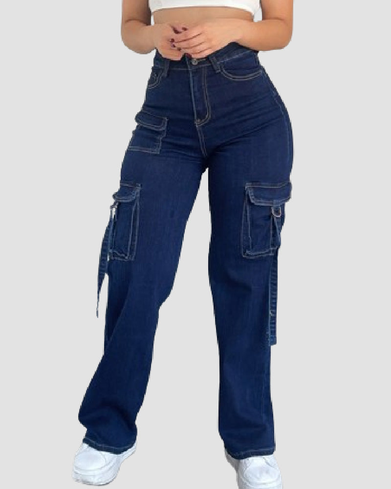 Damen Hohe Taille Cargo Jeans Weitem Bein Lässige Flaschentaschen Hose