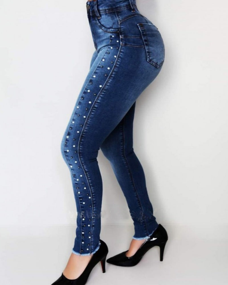 Hoch Taillierte mit Diamanten Besetzte Perlenbesetzte Hip Lift-Jeans mit Hoher Elastizität