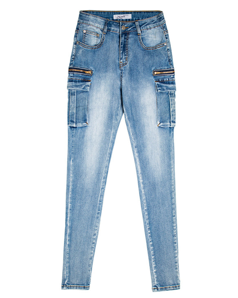 Skinny Jeans im Vintage Waschung Look mit Mehreren Taschen