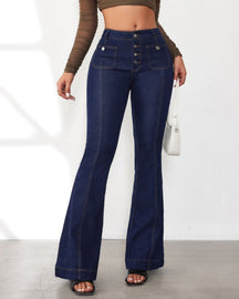 Damen Jeans mit Hoher Taille und Knopfleiste Schmaler Schnitt Ausgestellter Beinabschluss