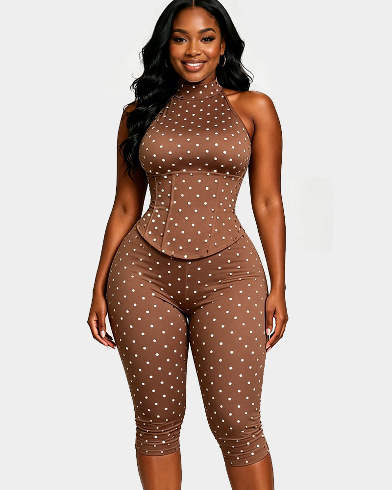 Polka Dot Halter Neck Backless Slim-Fit Stretch Capri Jumpsuit