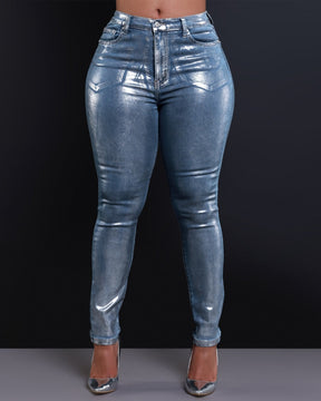 Sexy Silberfarbene Skinny-Stretch-Jeans für Damen