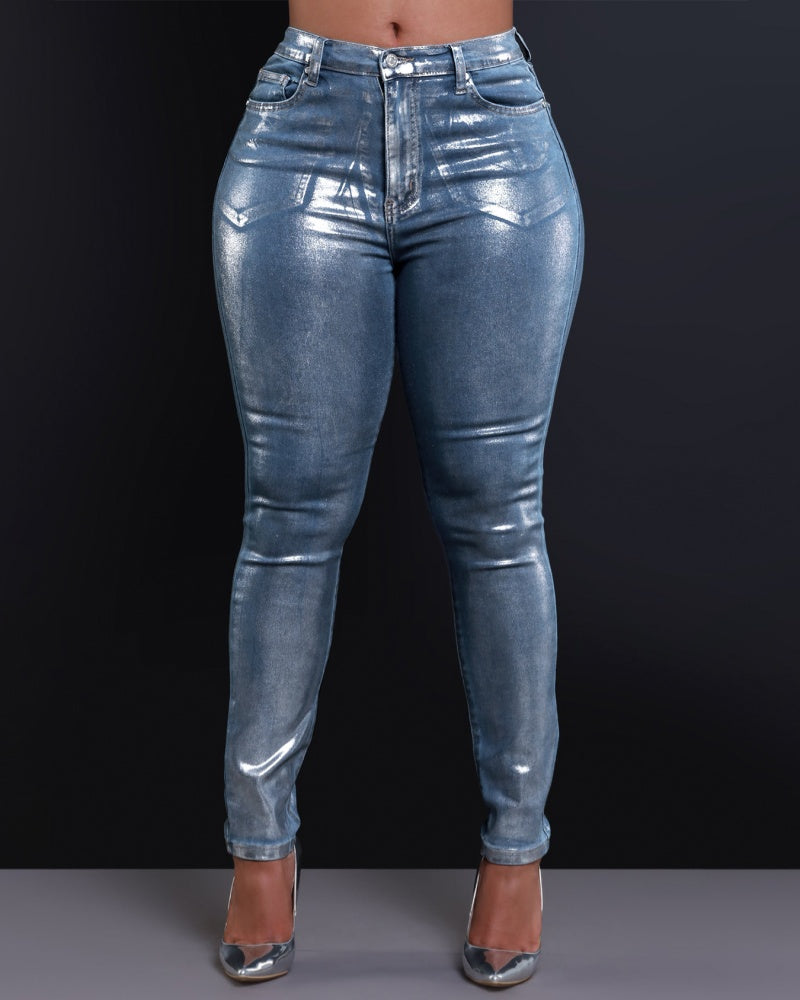 Sexy Silberfarbene Skinny-Stretch-Jeans für Damen