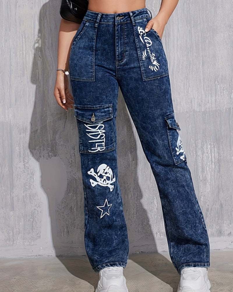 Retro Hot Girl Street Style Lockere Gerade Cargo Jeans mit Print