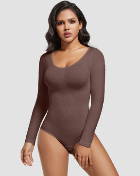 Nahtloser Rundhalsausschnitt Langarm Korsett Bodysuit Tops Stretch Dreieck Body