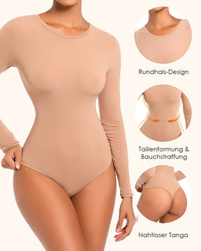 Damen Rundhals Doppellagig Lange Ärmel Basic Dehnbar Tanga Bodysuit