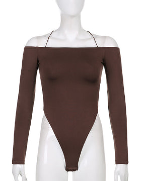 Damen Sexy Schulterfreier Riemchenrücken Langen Ärmeln Tanga Bodysuit