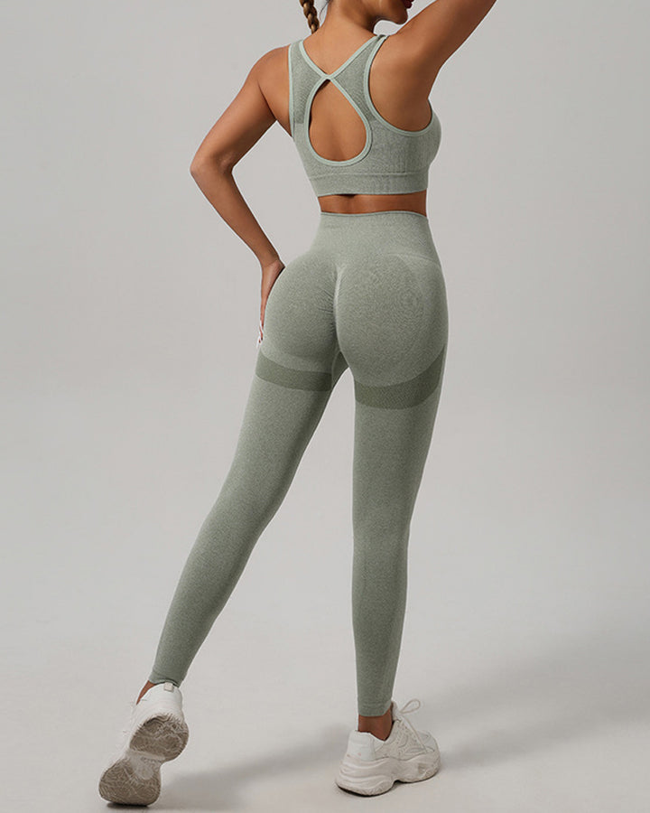 Damen Nahtloses Yoga Set Hohe Taille Leggings U-Ausschnitt Hohlkreuz Sport BH Set