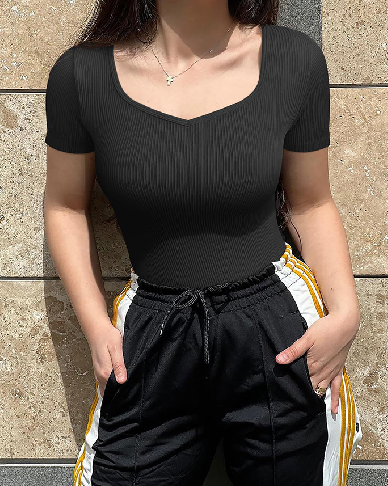 Shapshe® Sexy Gerippter Herzausschnitt Kurzen Ärmeln Stretch Basic Shirt Body Shapewear