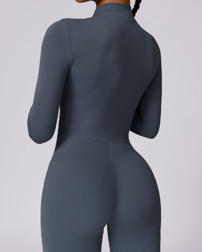 Einteiliger Athleisure Jumpsuit Lange Ärmel Frontreißverschluss Voll Bodysuit