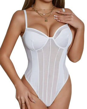 Sexy Mesh Spleiß Durchsichtiger Rückenfreier Korsett Cami Bodysuit