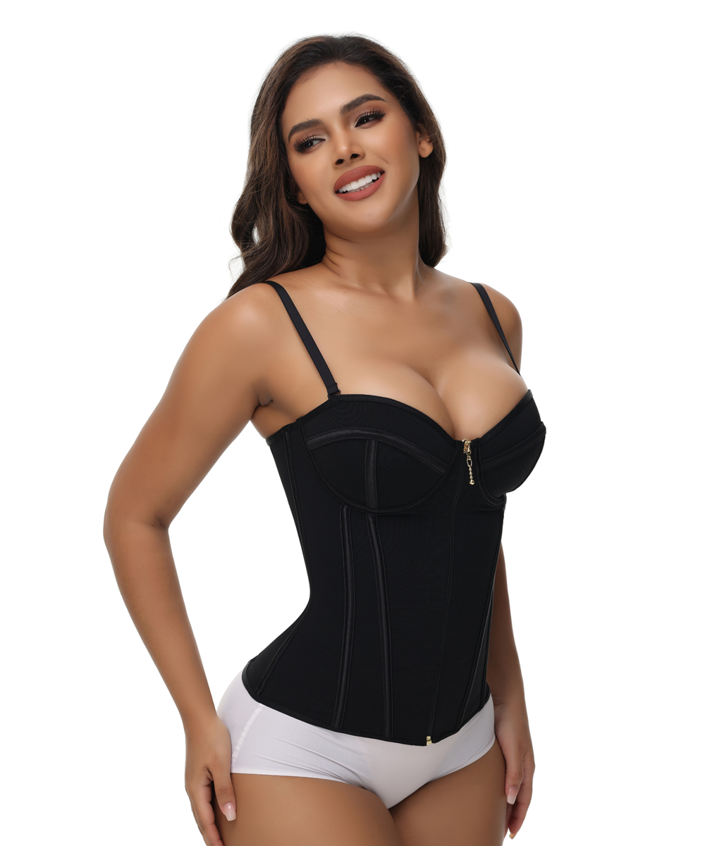 Damen Sexy Reißverschluss Vorne Stäbchen Überbrust Spaghettiträger Korsett Bustier Tops