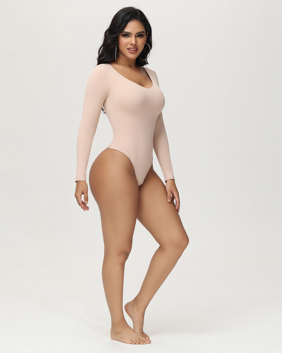 Damen Langen Ärmeln Nahtlos Bodysuit V-Ausschnitt Bauchweg Tanga Shapewear