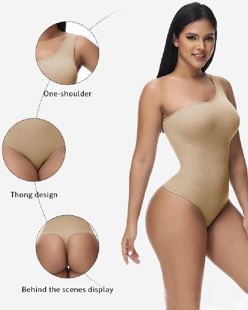 Sexy Geripptes Ein-Schulter Ärmelloses Tanktop Enger Stretch Bodysuit