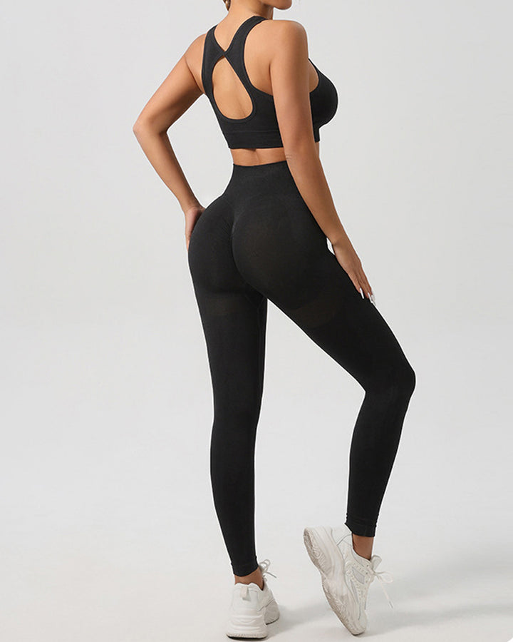 Damen Nahtloses Yoga Set Hohe Taille Leggings U-Ausschnitt Hohlkreuz Sport BH Set