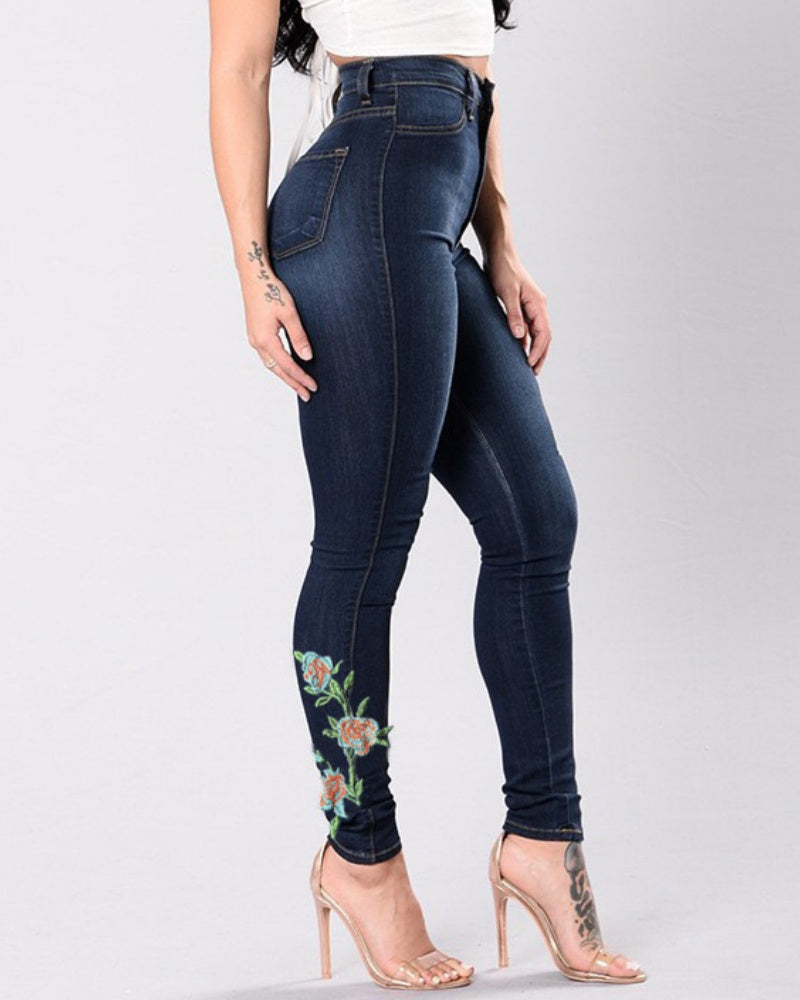 Slim-Fit-Jeans mit Hoher Taille und Stickerei