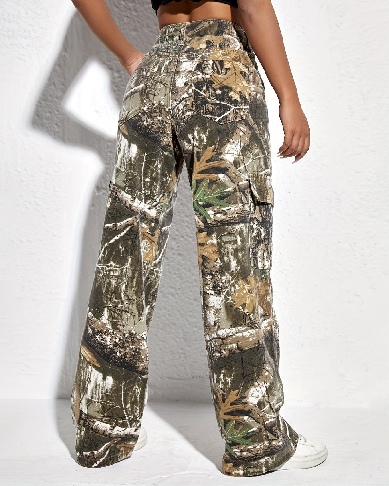 Damen Camo Cargo Hosen Hohe Taille Weites Bein Camouflage-Druck Jeans