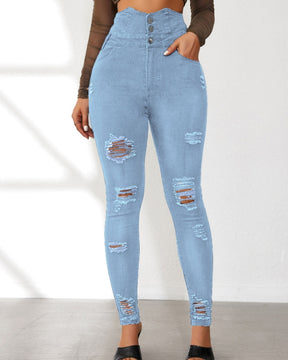 Modische Mehrreihige Jeans mit Hoher Taille und Rissen