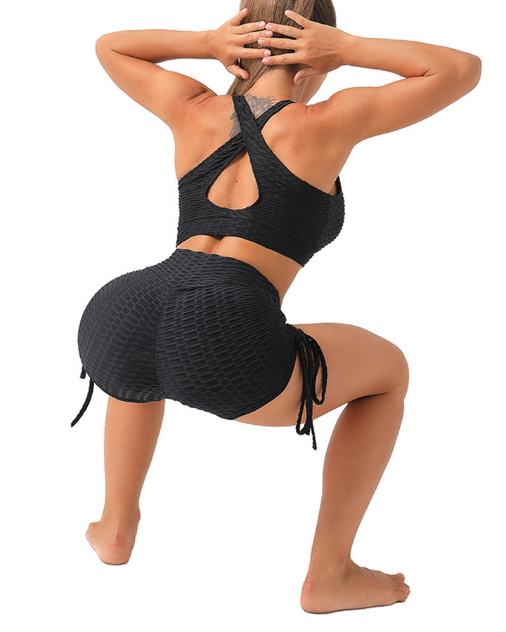 Damen Anti-Cellulite Hoher Taille Jacquard Sexy Po Kordelzug Yoga Shorts