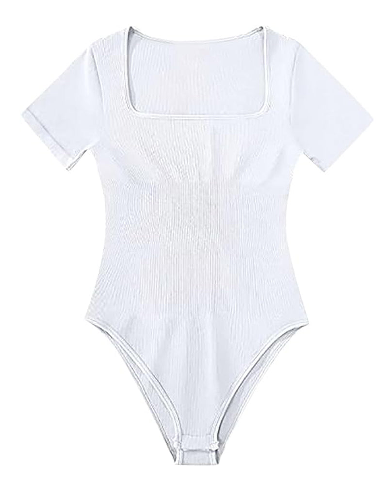 Damen Sexy Gerippter Eckigem Ausschnitt Kurzärmeliger Quadratischer Kragen Tanga Bauchweg Bodysuit