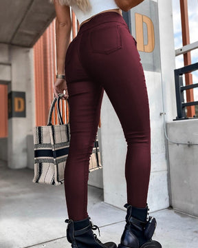 Sexy Leggings aus Dehnbarem Kunstleder mit Hoher Taille und Mehreren Knöpfen