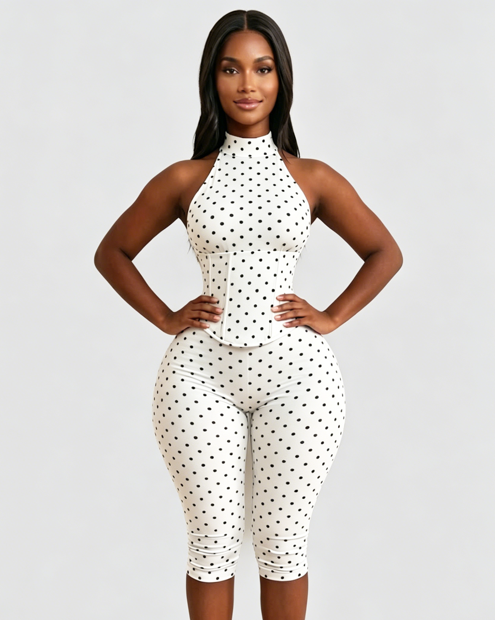 Polka Dot Halter Neck Backless Slim-Fit Stretch Capri Jumpsuit