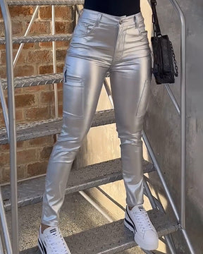 Silber glänzende flüssige Metallic-Stretch-Leggings mit hoher Taille