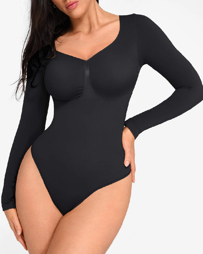 Nahtloser Langarm Brust Unterstützung Rauten Kragen Bauchkontrolle Tanga Bodysuit