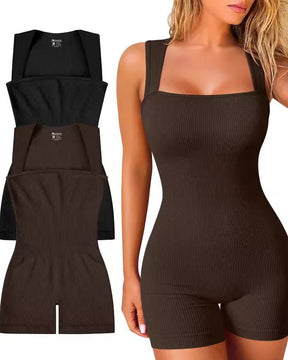 Gerippter Ärmelloser Yoga Rompers Tanktop Eckigem Ausschnitt Jumpsuit