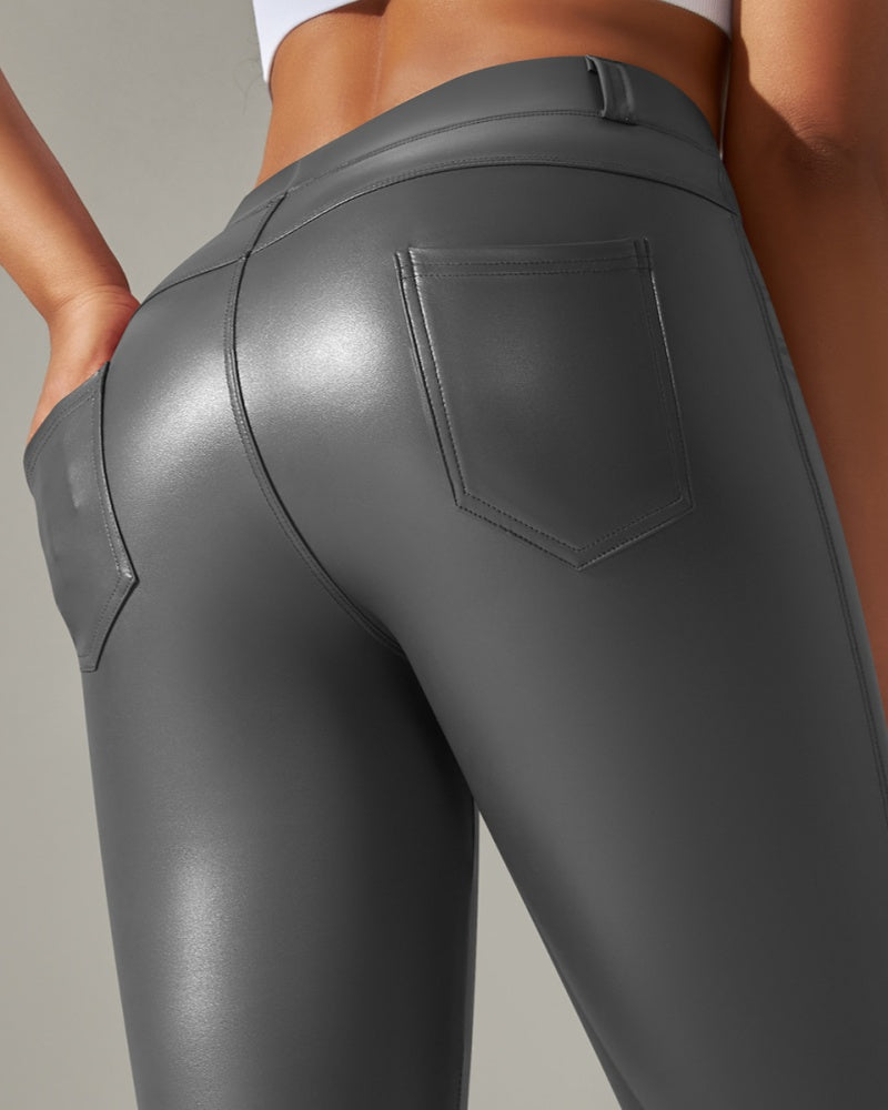 PU-Lederhose Hohe Taille Enge Sport-Yogahose Schmal