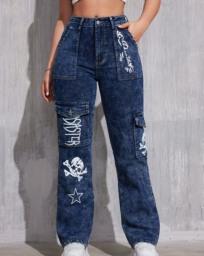 Retro Hot Girl Street Style Lockere Gerade Cargo Jeans mit Print