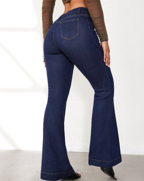 Damen Jeans mit Hoher Taille und Knopfleiste Schmaler Schnitt Ausgestellter Beinabschluss