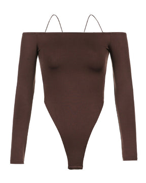 Damen Sexy Schulterfreier Riemchenrücken Langen Ärmeln Tanga Bodysuit